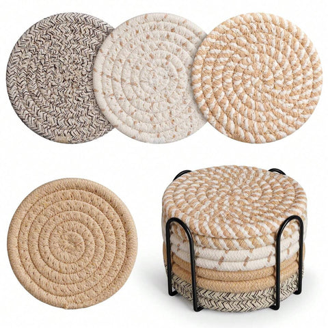 8pcs Cup Coaster With Holder, Absorbent Coasters, Woven Coaster Set, For Tabletop Protection, Home Decor, Housewarming Gift