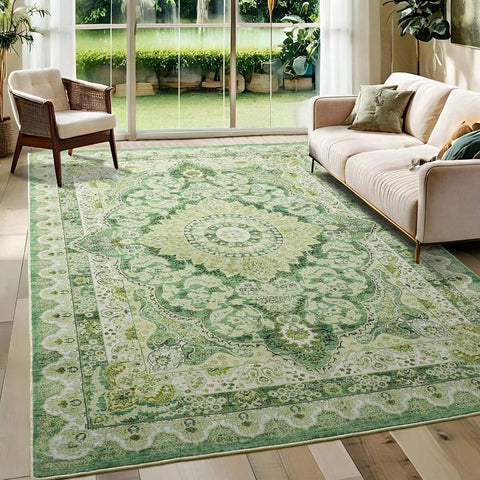 Low Pile Washable Rugs For Living Room, Faux Wool Vintage Rug For Bedroom Dining Room Home Decoration
