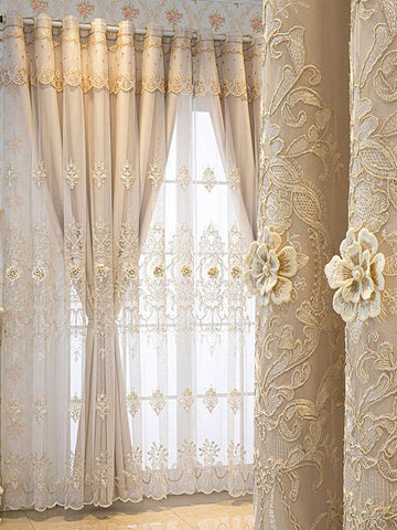 1pc Luxury Double-Layer Embroidered Blackout Curtain, Made Of 3D Floral Sheer Fabric, Ready-Made For Living Room & Bedroom Windows