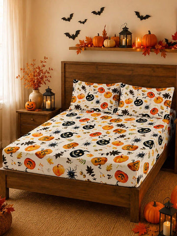 3pcs Halloween Pumpkin Bedding Set (1 Fitted Sheet + 2 Pillowcases, No Filling) Classic Orange And Black Holiday Print, Falling Leaves, Ghosts, And Spider Web Designs, Polyester Non-Slip Stretch Fitted Sheet, Holiday Bedroom Decor, Halloween Gift