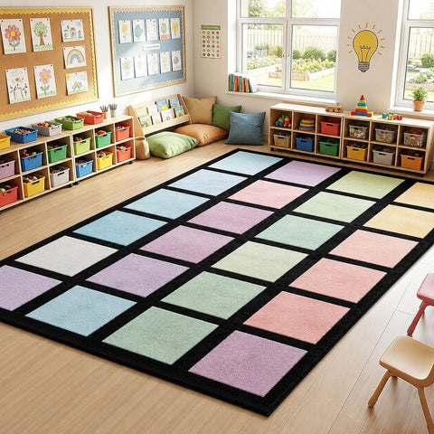 Macaron Pastel Square Checkered Geometric Pattern Carpet, Black White Soft Multicolor Tone, Flannel Material Area Rugs, Soft Skin-Friendly Rug Area, Homeschool Multi-Purpose Lounge Decor, Gentle Neutral Academic Space Floor Rug