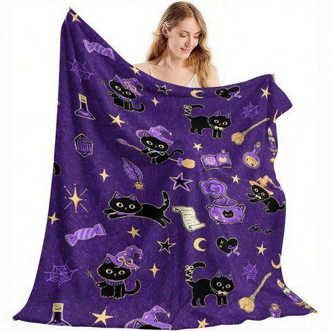 1pc Comfortable Flannel Blanket - Halloween Theme Pure Purple Background Magic Potion Bottle, Magic Witch Cat, Candy, Spider Web, Broom Vintage Digital Print Pattern - Perfect For Living Room And Camping - Ideal Gift For Family